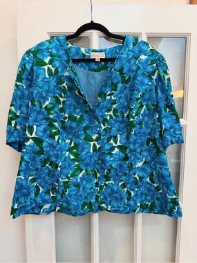 Vintage Adrianna Papell 80’s 100% Silk Blue Floral Tropical Blouse Plus Size 24